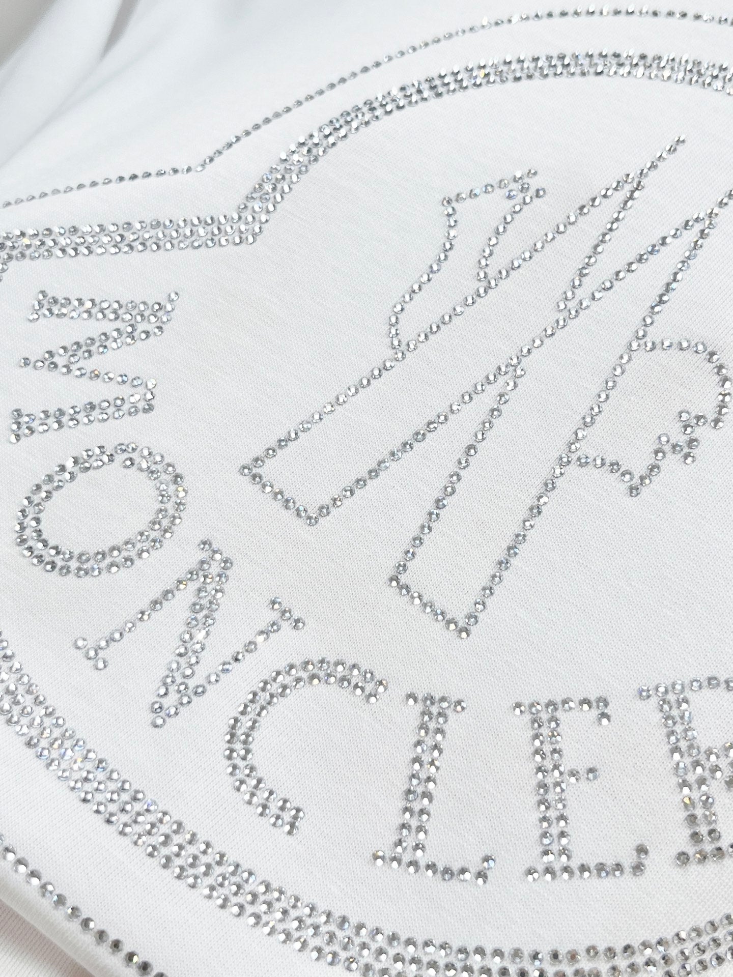 White T-shirt logo detail with rhinestone Moncler heart and lettering