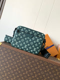 Louis Vuitton teal monogram crossbody bag with adjustable black strap and zip top