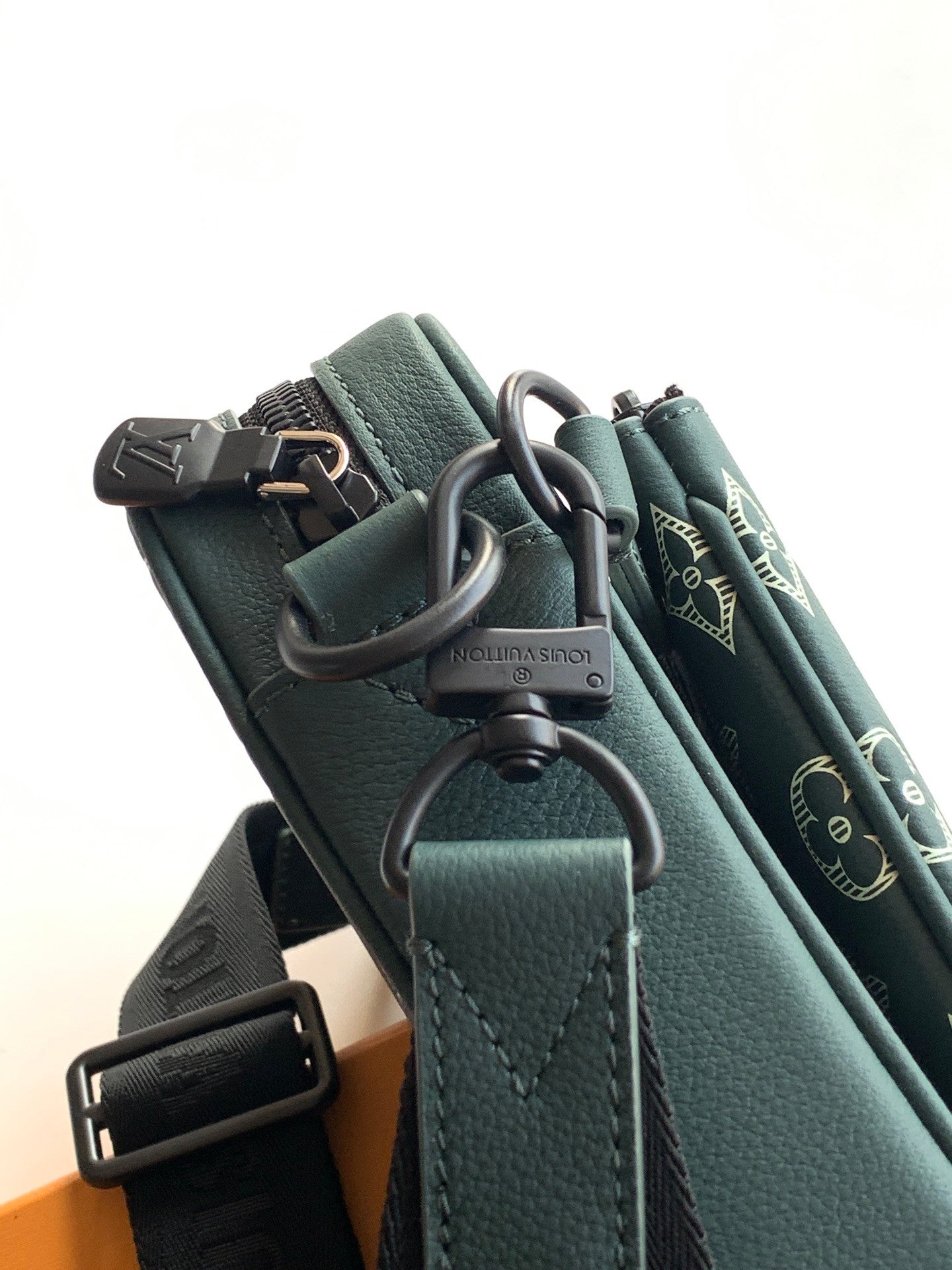 Louis Vuitton teal monogram bag hardware and adjustable strap with metal rings