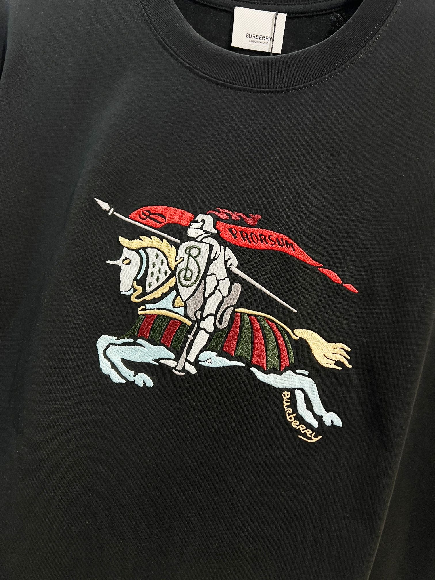 Black short-sleeve T-shirt with close-up horse-and-swords graphic
