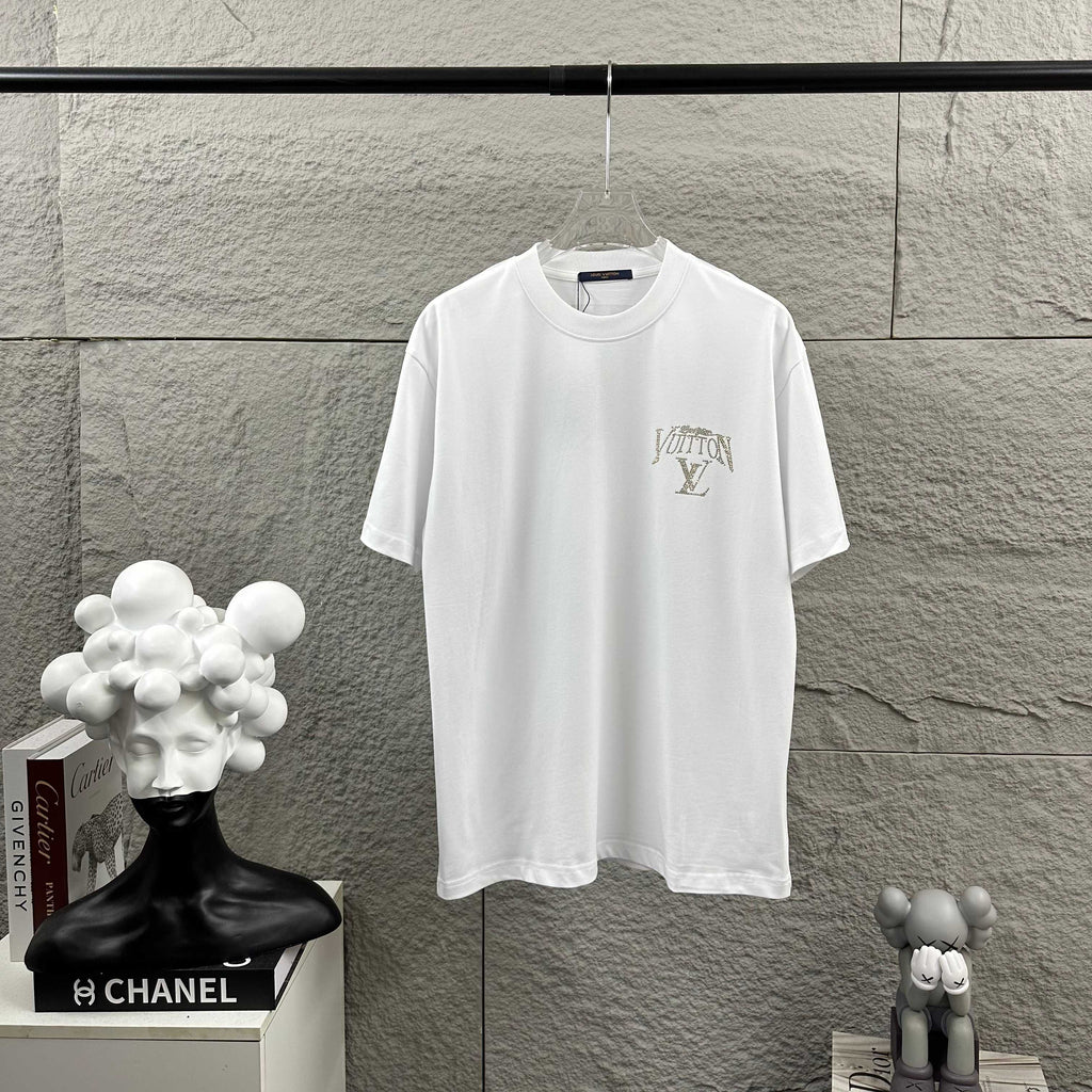 White Louis Vuitton T-shirt with small rhinestone LV logo on front, crew neck