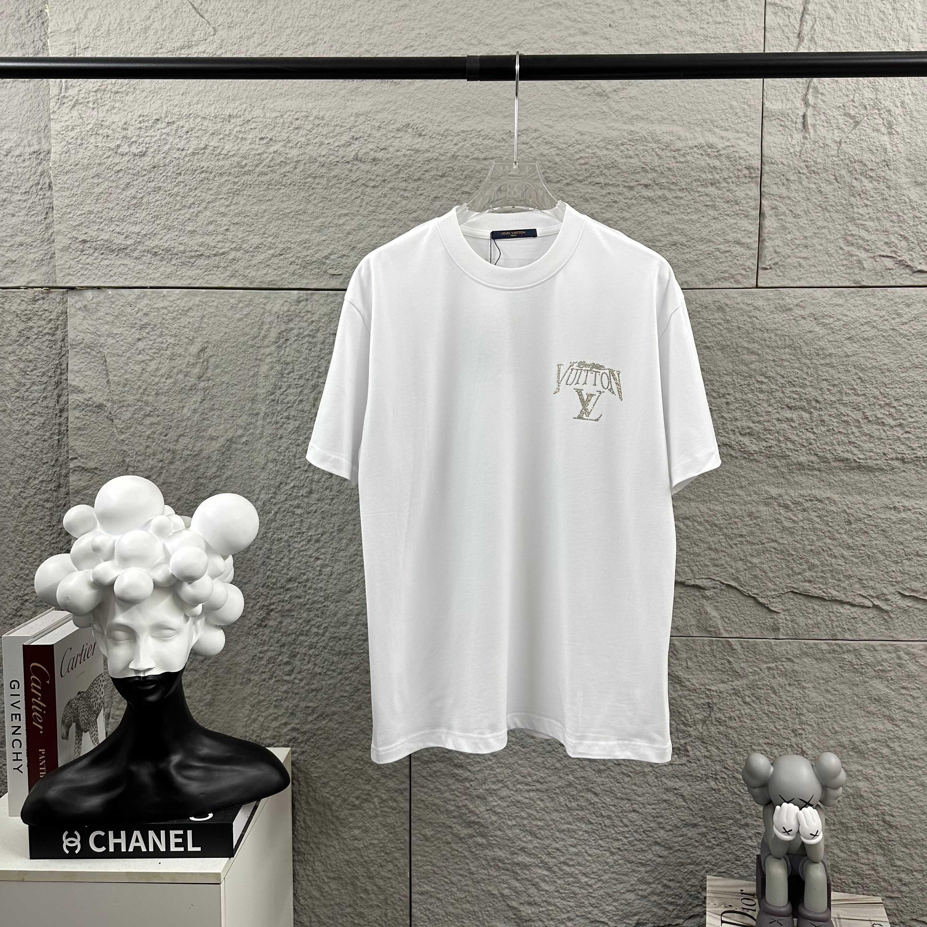 White Louis Vuitton T-shirt with small rhinestone LV logo on front, crew neck