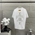 White Louis Vuitton T-shirt with rhinestone LV, globe, and star detailing on back