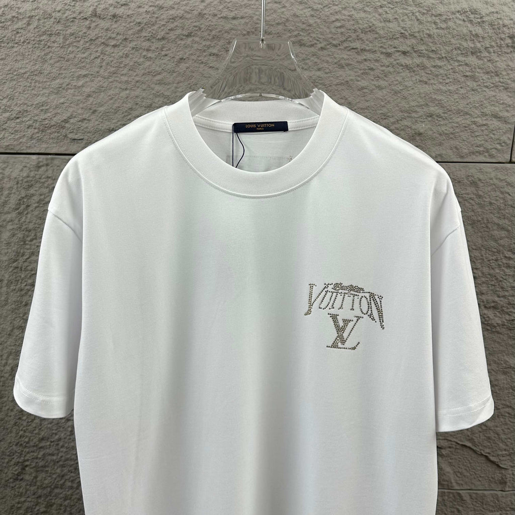 White Louis Vuitton T-shirt with small rhinestone LV logo on left chest
