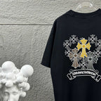 Dark T-shirt back view with cross-flower wreath and ribbon banner