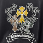 Dark T-shirt with large cross-flower wreath and banner print detail