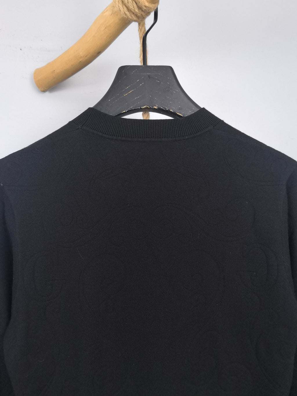 Gucci long-sleeve sweater back yoke, dark knit with subtle logo emboss