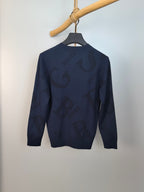 Burberry long-sleeve sweater in dark navy, allover logo print pattern, crew neck.