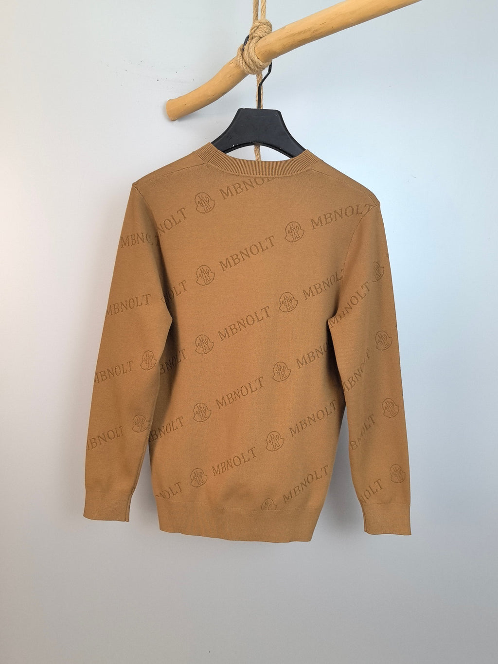 Tan knit sweater back view with allover Moncler logo pattern and crew neckline