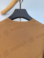 Tan knit sweater back neck and ribbed collar with Moncler logo pattern