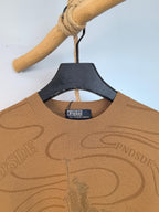 Tan Ralph Lauren sweater with crew neck and glittery polo graphic on front
