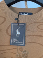 Tan Ralph Lauren knit sweater collar label and dangling price tag on hanger