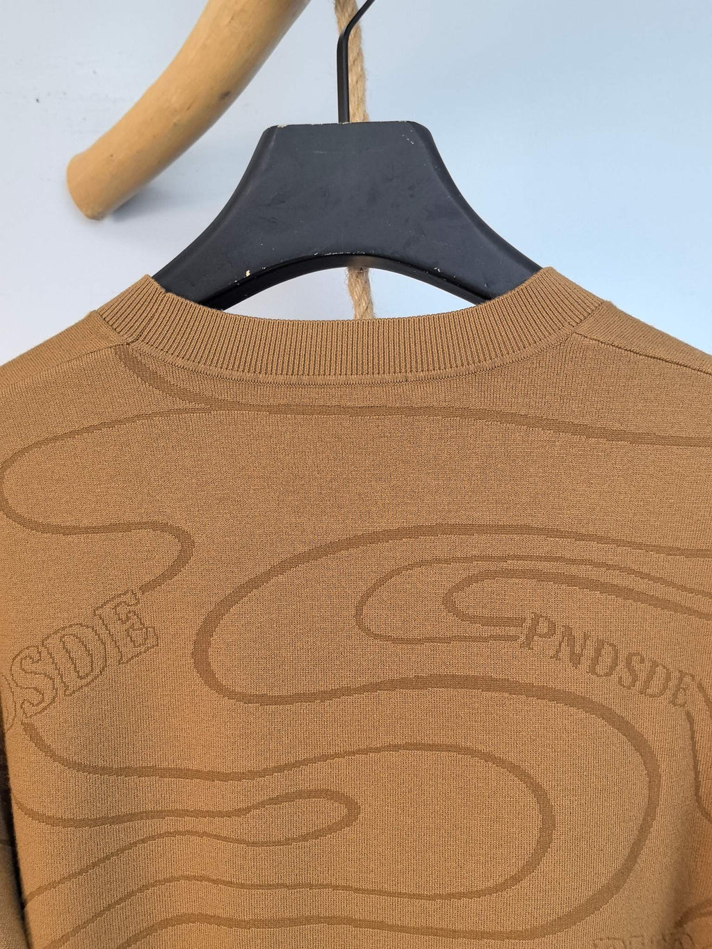 Tan Ralph Lauren sweater front with crew neck and allover graphic print