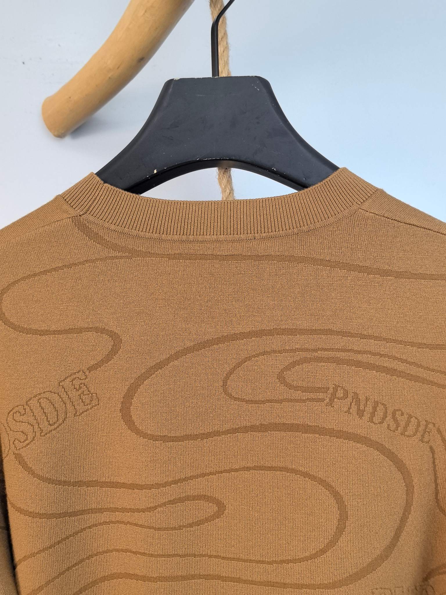 Tan Ralph Lauren sweater front with crew neck and allover graphic print