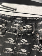 Balenciaga denim waistband with logo print, button closure at center