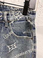 Front pocket area on light blue denim with white Louis Vuitton monogram print
