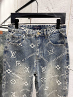 Light blue denim pants with allover white Louis Vuitton monogram pattern