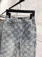 Louis Vuitton monogram jeans full front view with two front pockets and belt loops