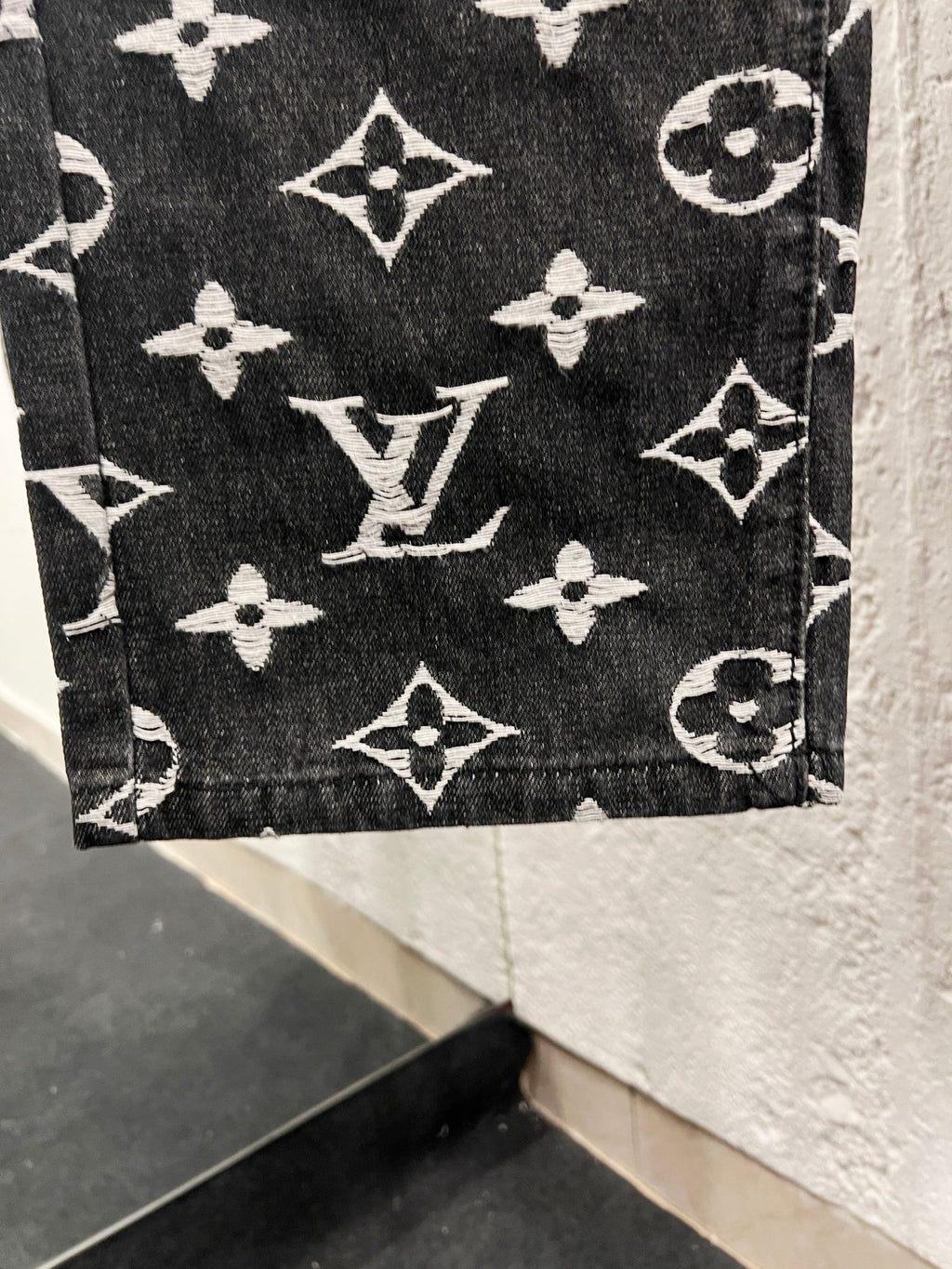 Louis Vuitton monogram print shorts, dark denim with white symbols