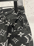 Louis Vuitton pants side seam detail, dark denim with white monogram pattern