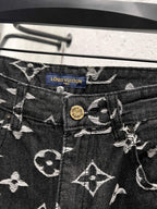 Louis Vuitton pants waistband with blue tag and button, dark denim with white monograms