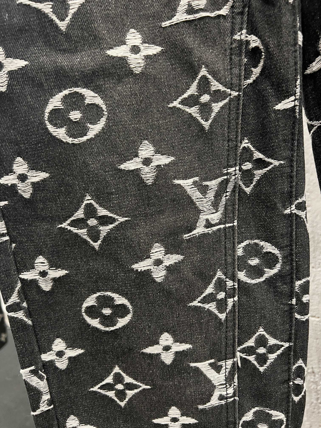 Louis Vuitton monogram print fabric panel, dark denim with white logos