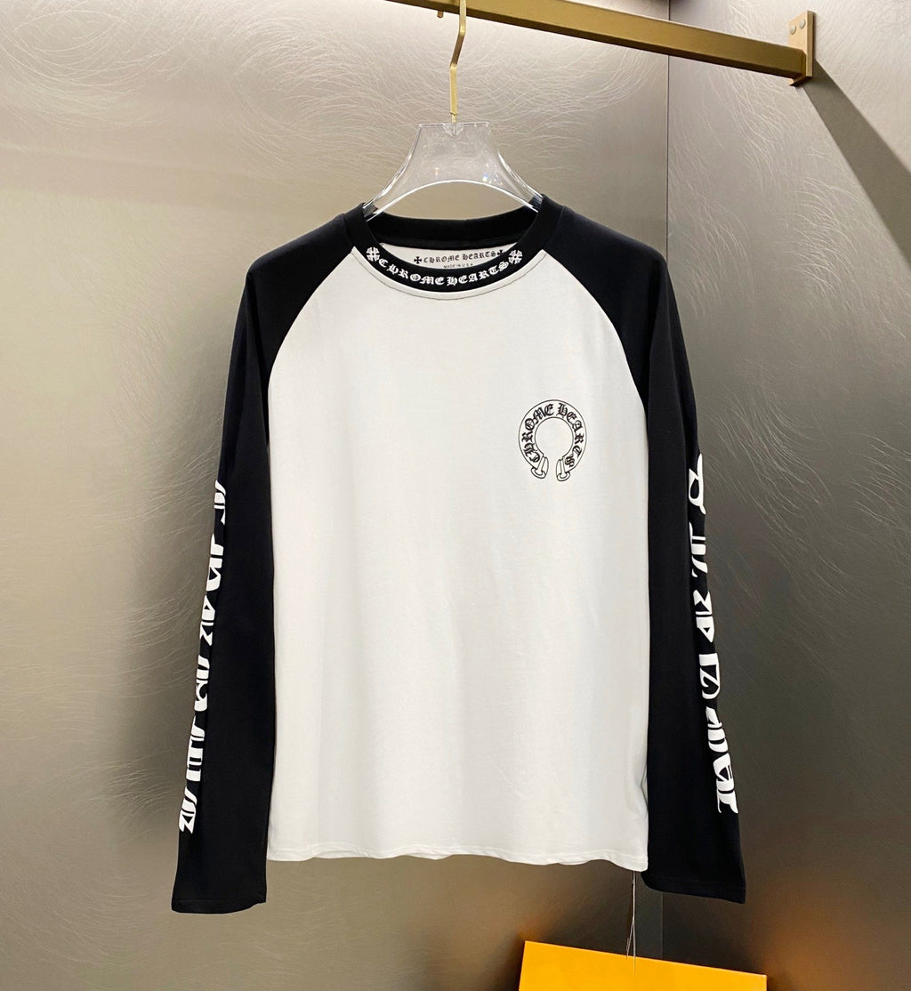 White and black raglan long-sleeve T-shirt with small front crest logo