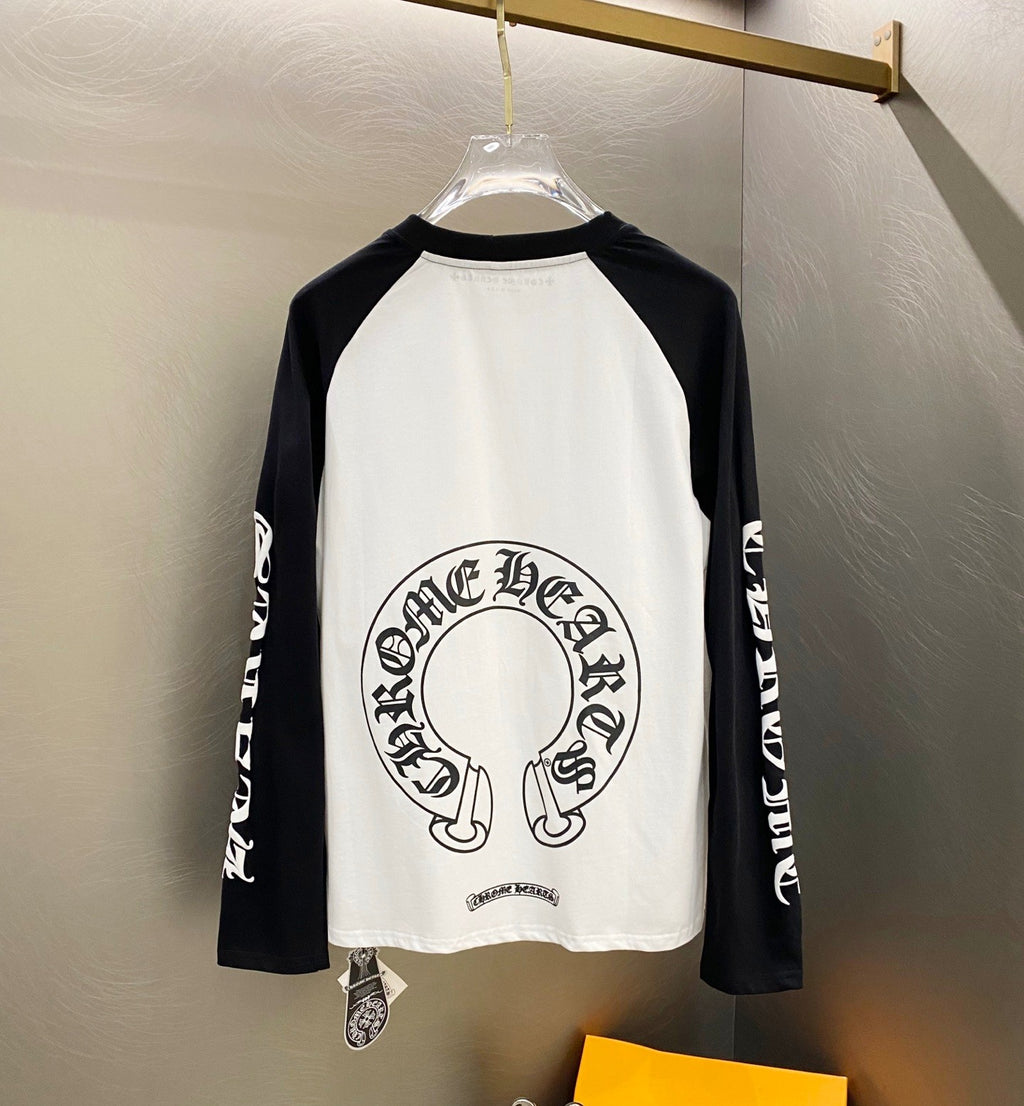 Baseball raglan long-sleeve shirt with large chest circular logo in black on white.