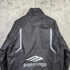 Balenciaga hooded jacket, dark charcoal, white logo on back