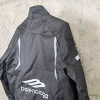 Balenciaga hooded jacket back, dark charcoal with logo and right sleeve pocket