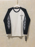 Long-sleeve raglan T-shirt, white body with black sleeves and front graphic