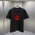 Black Gucci short-sleeve T-shirt with red Gucci logo print on the chest
