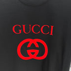 Black Gucci T-shirt chest graphic with red Gucci text and interlocking logo