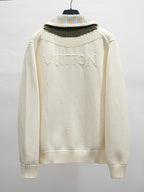 Ivory knit zip-up jacket back view with ribbed collar and subtle LV lettering