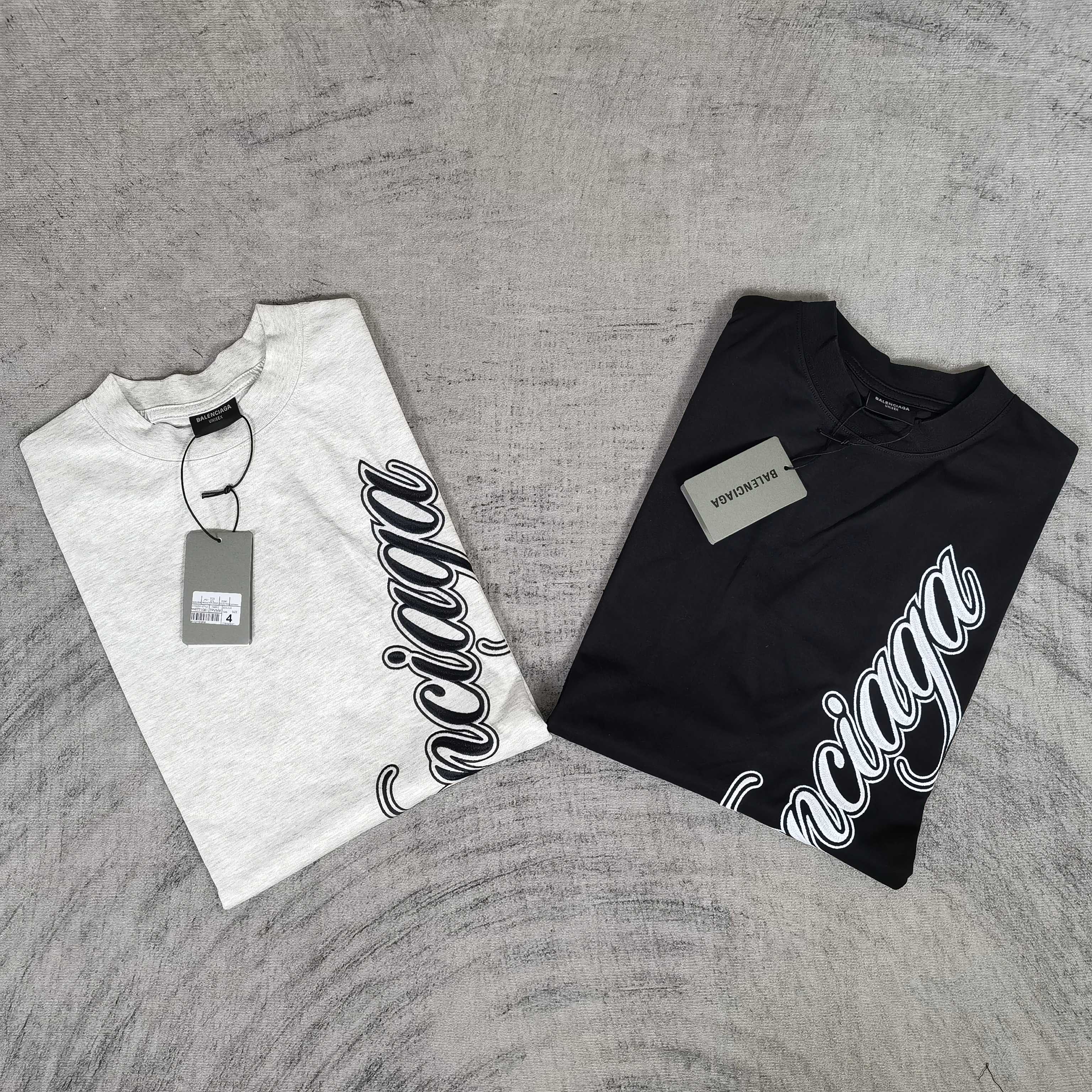 Balenciaga T-shirts, light gray and black, crew neck, black script logo on each.