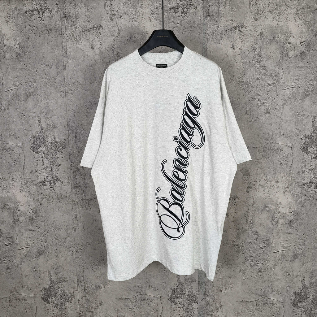 Balenciaga T-shirt, light gray, crew neck, short sleeves, black script logo front.