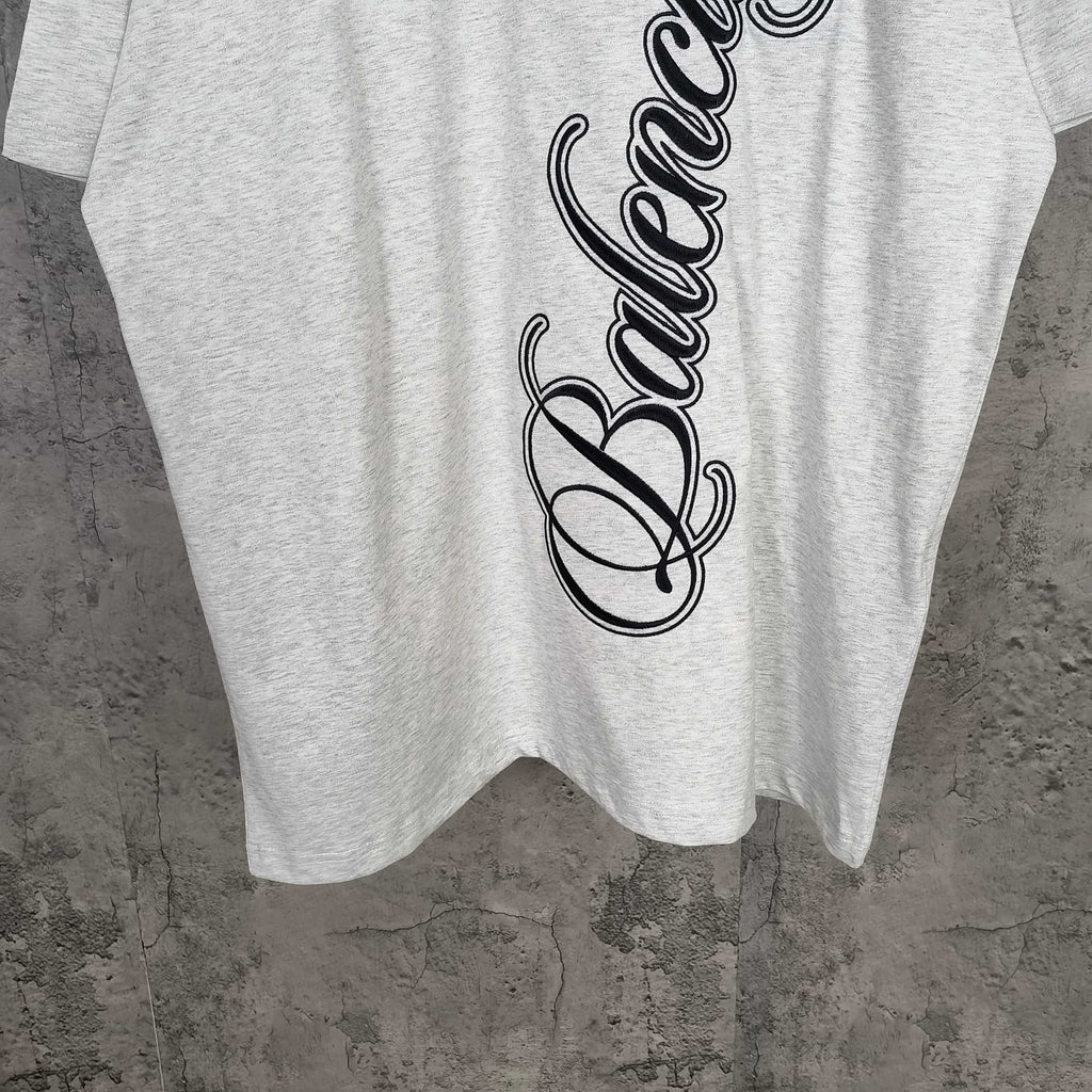 Balenciaga T-shirt, light gray, black script logo print detail, crew neck.