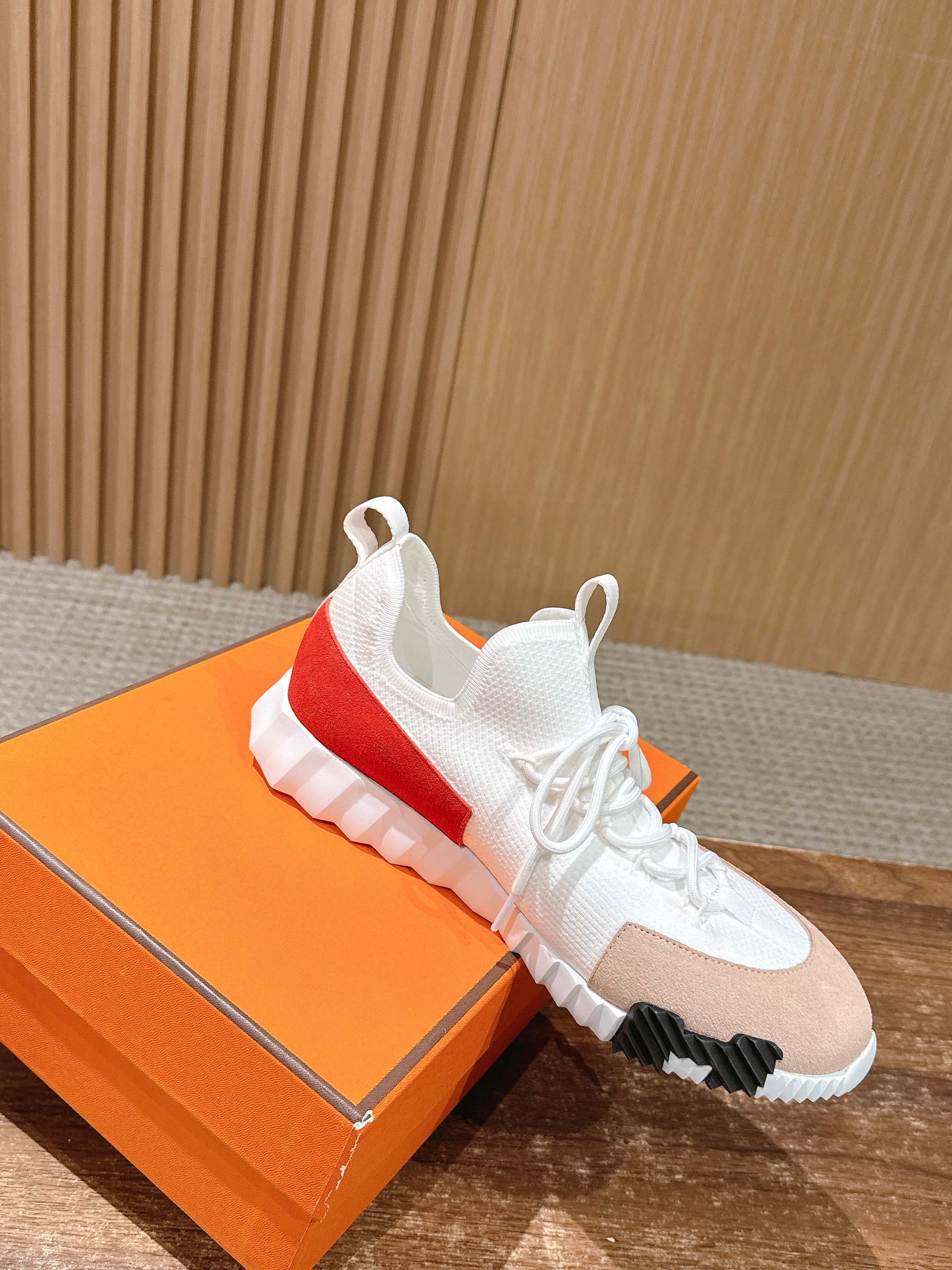 Hermes unisex sneakers, white knit with red stripe, laced front and chunky sole