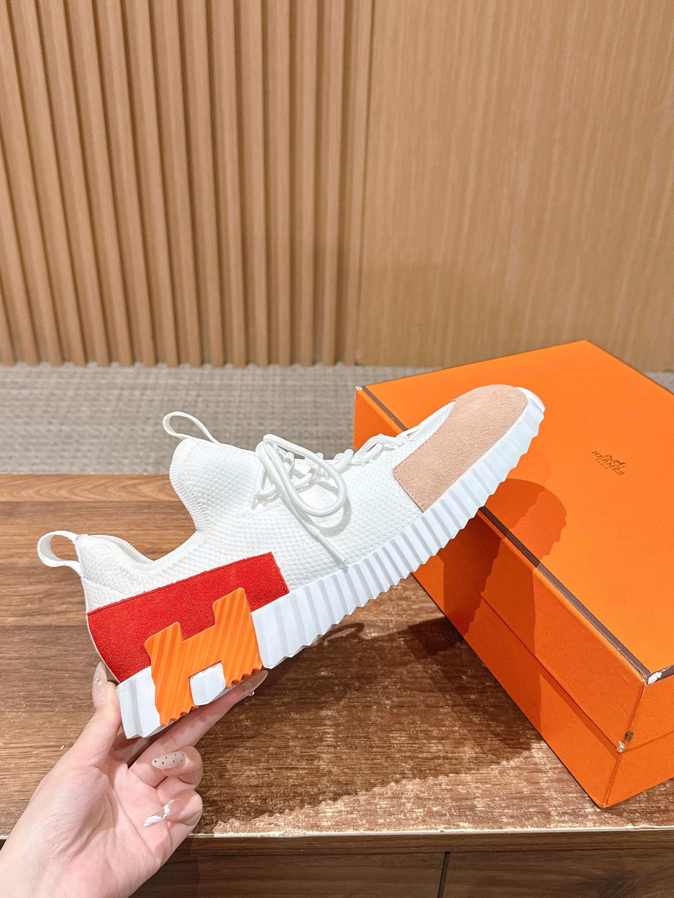 Hermes unisex sneakers, white knit with red and black accents and ridged sole