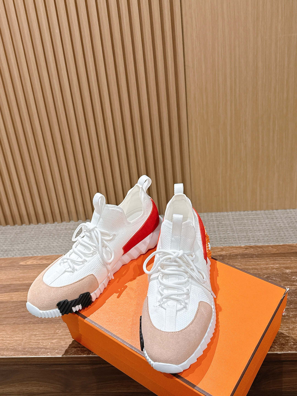 Hermes unisex sneakers, white knit with red heel stripe and black rubber side detail