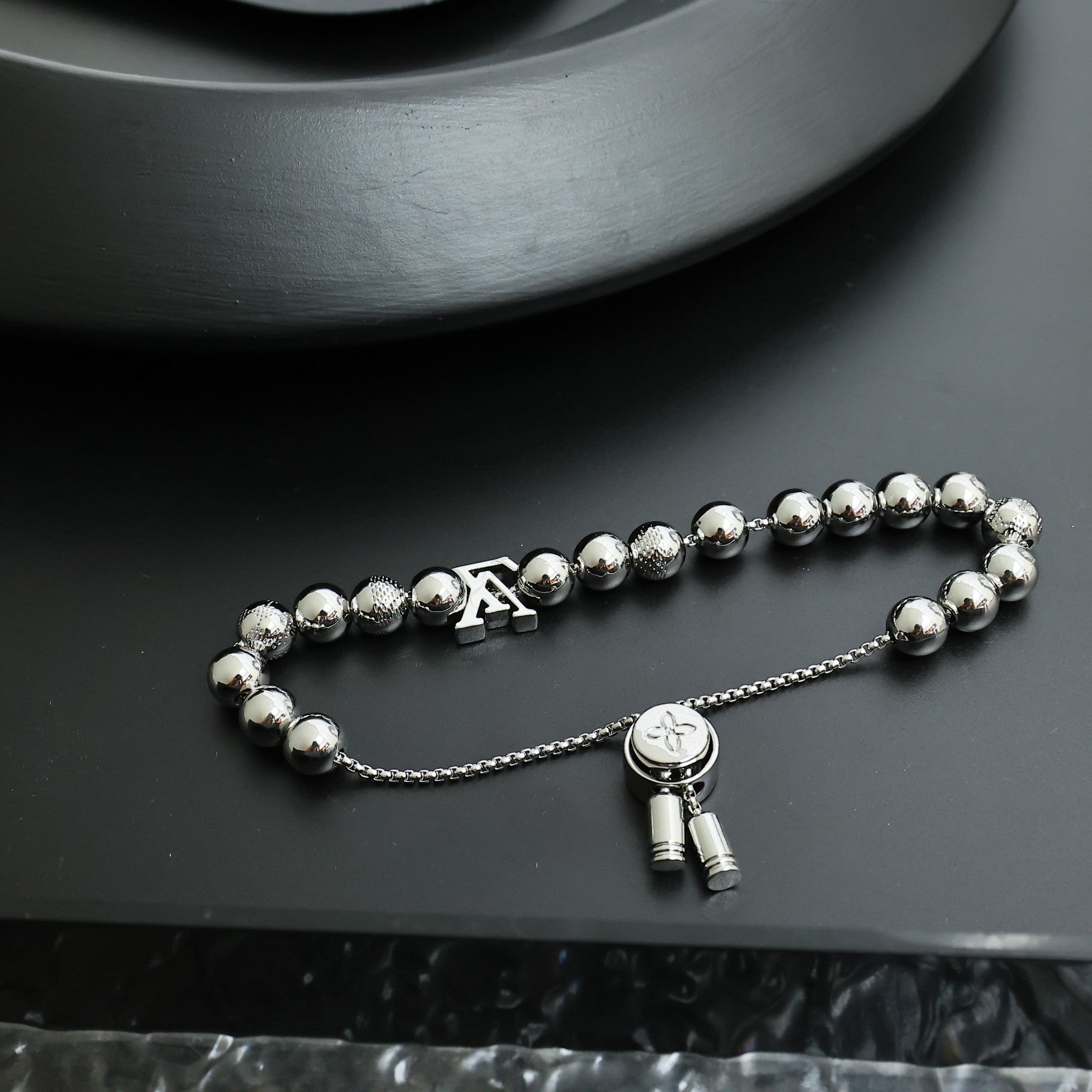 Louis Vuitton beaded bracelet necklace with round silver beads and LV logo accessory