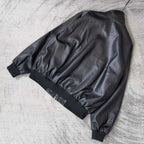 Black leather jacket with ribbed cuffs and hem, back view