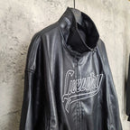 Dark leather hooded jacket with Balenciaga script logo on front