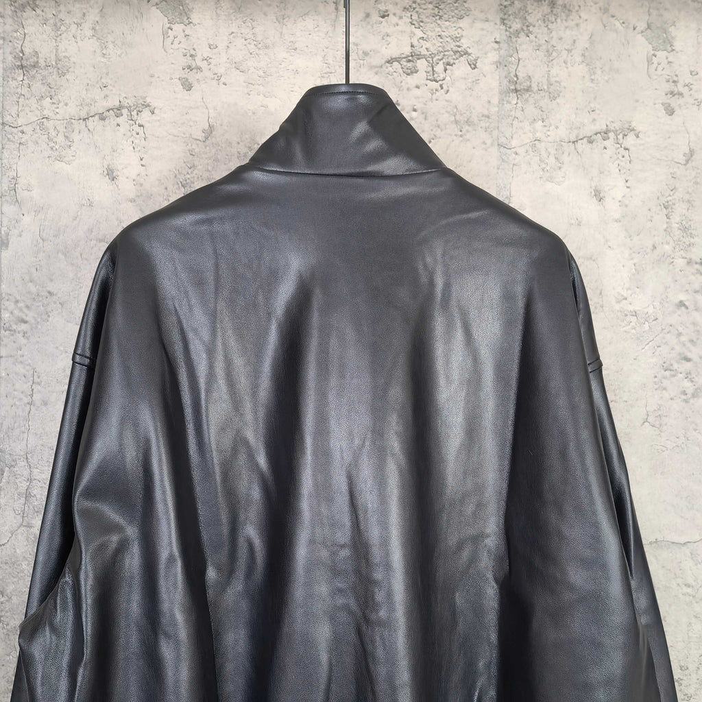 Dark leather hooded jacket, back view with stand collar and full sleeves