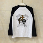 White raglan long-sleeve T-shirt with back cross and floral emblem print