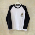 Long-sleeve raglan T-shirt, white body with black sleeves and crew neck trim