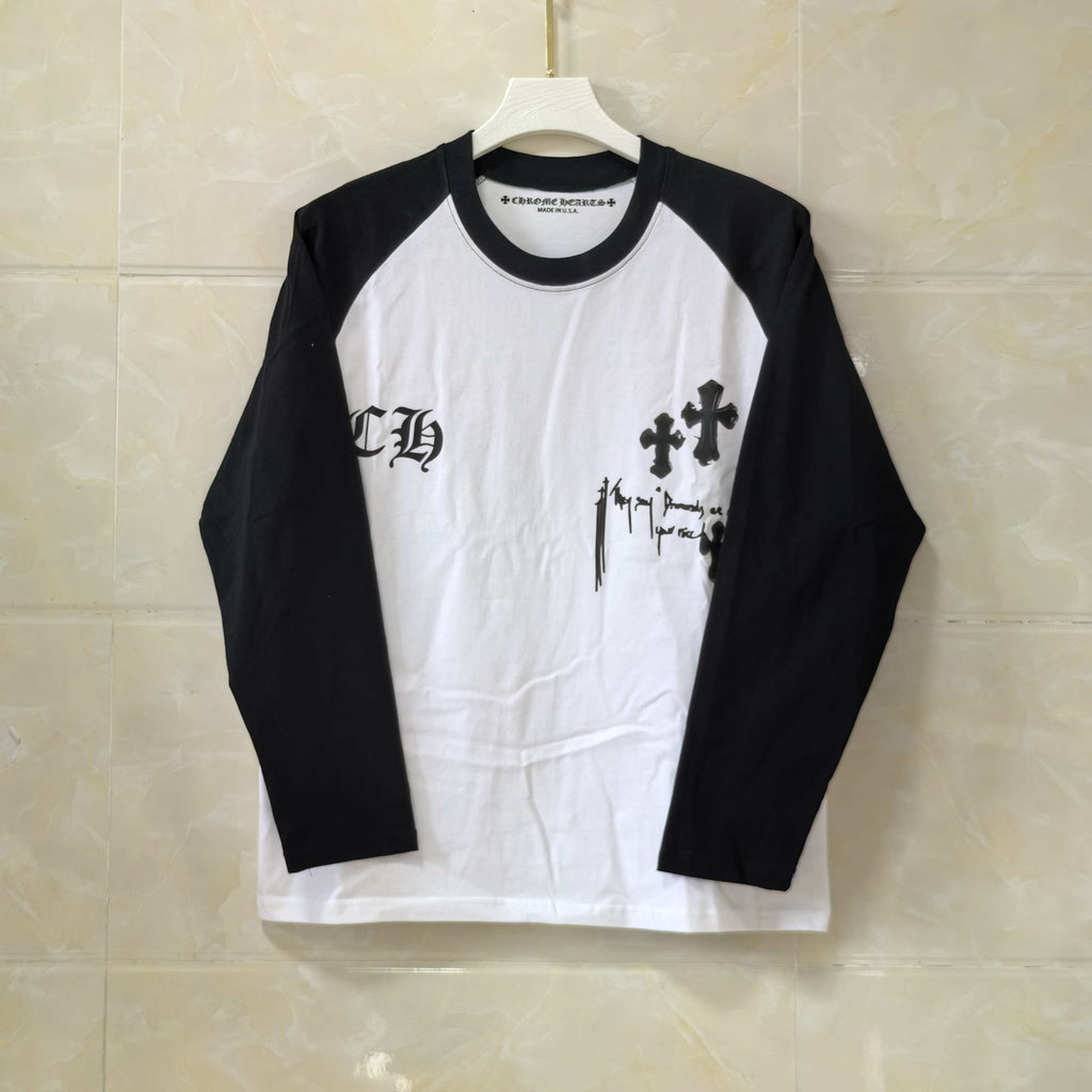 Raglan long-sleeve T-shirt, black sleeves and black accents, white body with gothic cross print