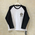 Long-sleeve raglan baseball T-shirt with small chest crest logo, black sleeves and white body
