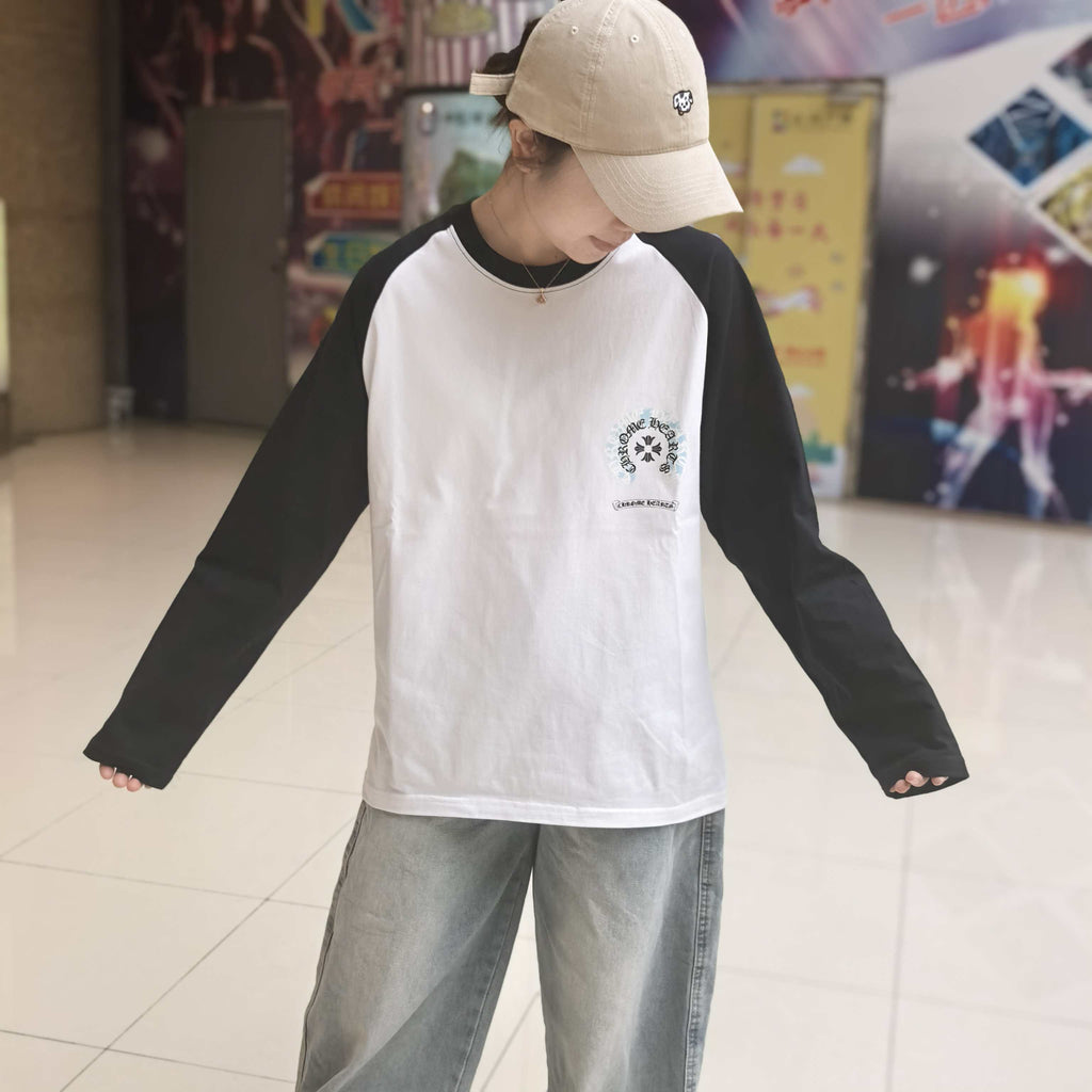 Long-sleeve raglan shirt, white body with black sleeves and small chest logo