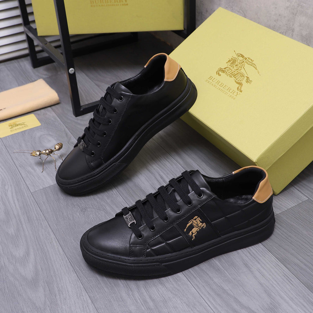 Black Burberry lace-up sneakers with tan collar lining and side horse emblem.
